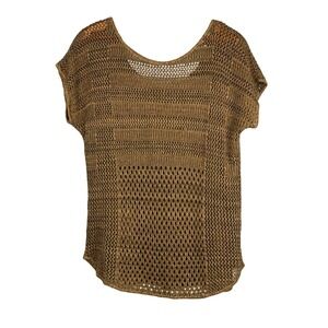 Green Bronze Open Knit Mesh Sweater Top Scoop Neck Boho Forest Fairy Lagen Look